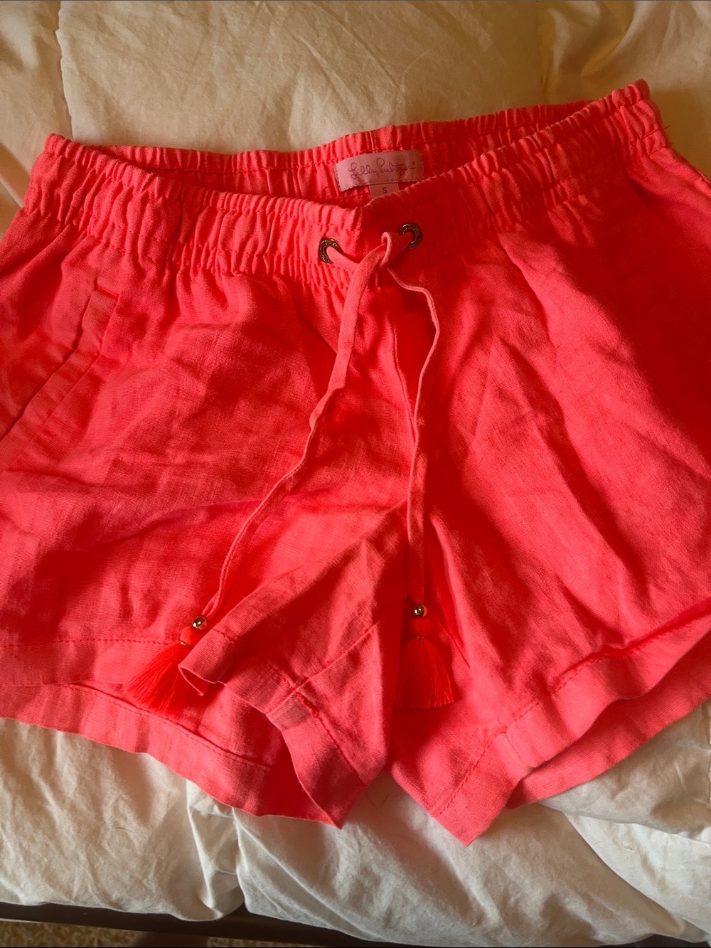 Lilly Neon Coral Drawstring Linen Shorts